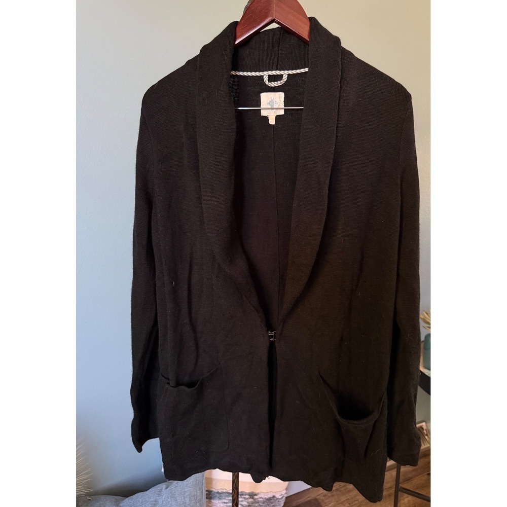 VINTAGE HWR MONOGRAM ANTHROPOLOGIE CARDIGAN WOOL BLEND BLACK HOOK&EYE Sz L SOFT